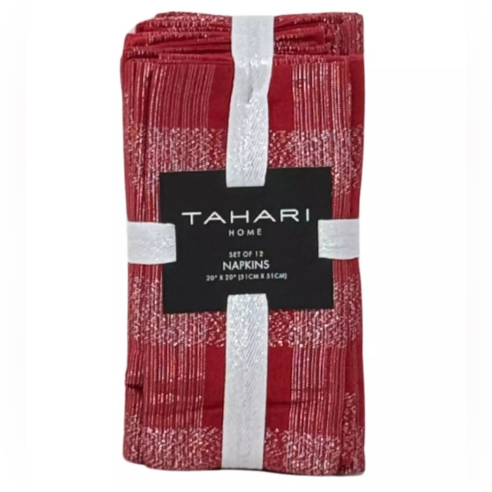 TAHARI Set of 12 Holiday Red & Silver Plaid Cotton Blend Designer Napkins NEW